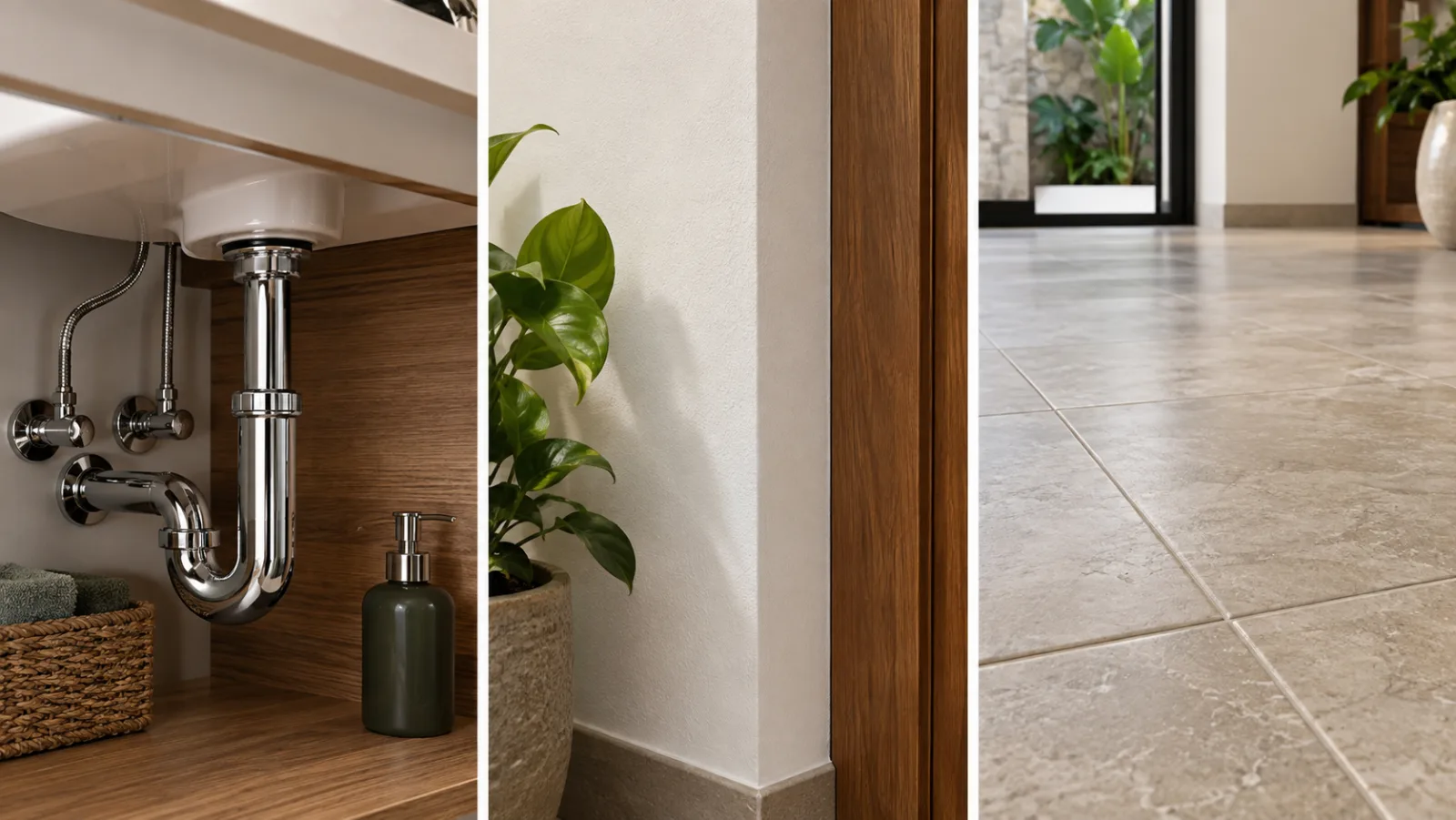 Details of plumbing installation, paintwork meeting woodwork and precisely laid flooring