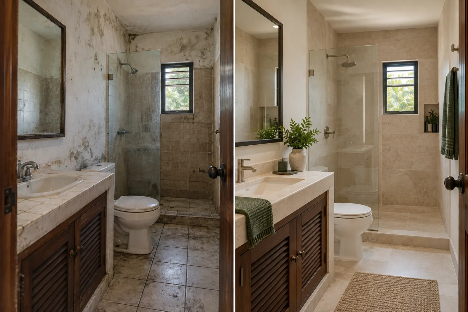 Before and after a bathroom renovation with damp addressed and new finishes